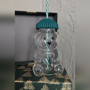 Teddy Glass Cup With Green Lid and Straw. Not Starbucks